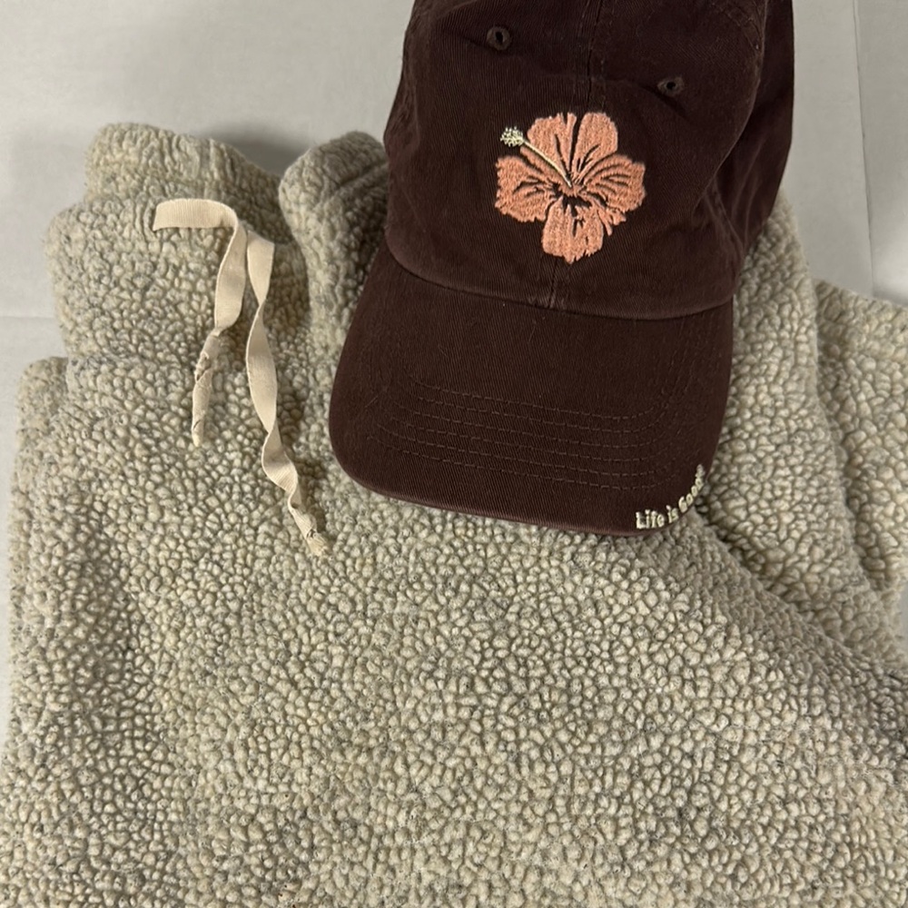 Gap sweatshirt and Life is Good ball cap.